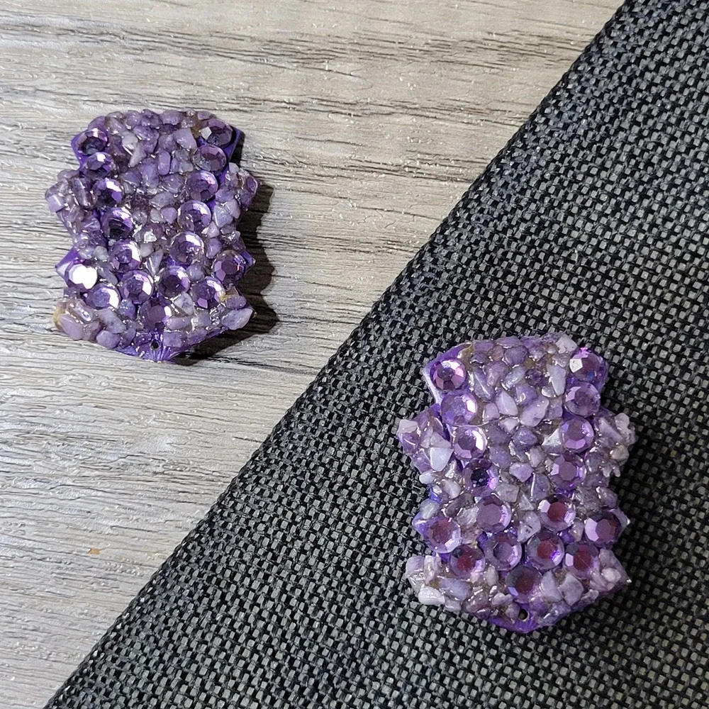 1980s Art Deco revival pierced‎ earrings amethyst chips purple acrylic artisan